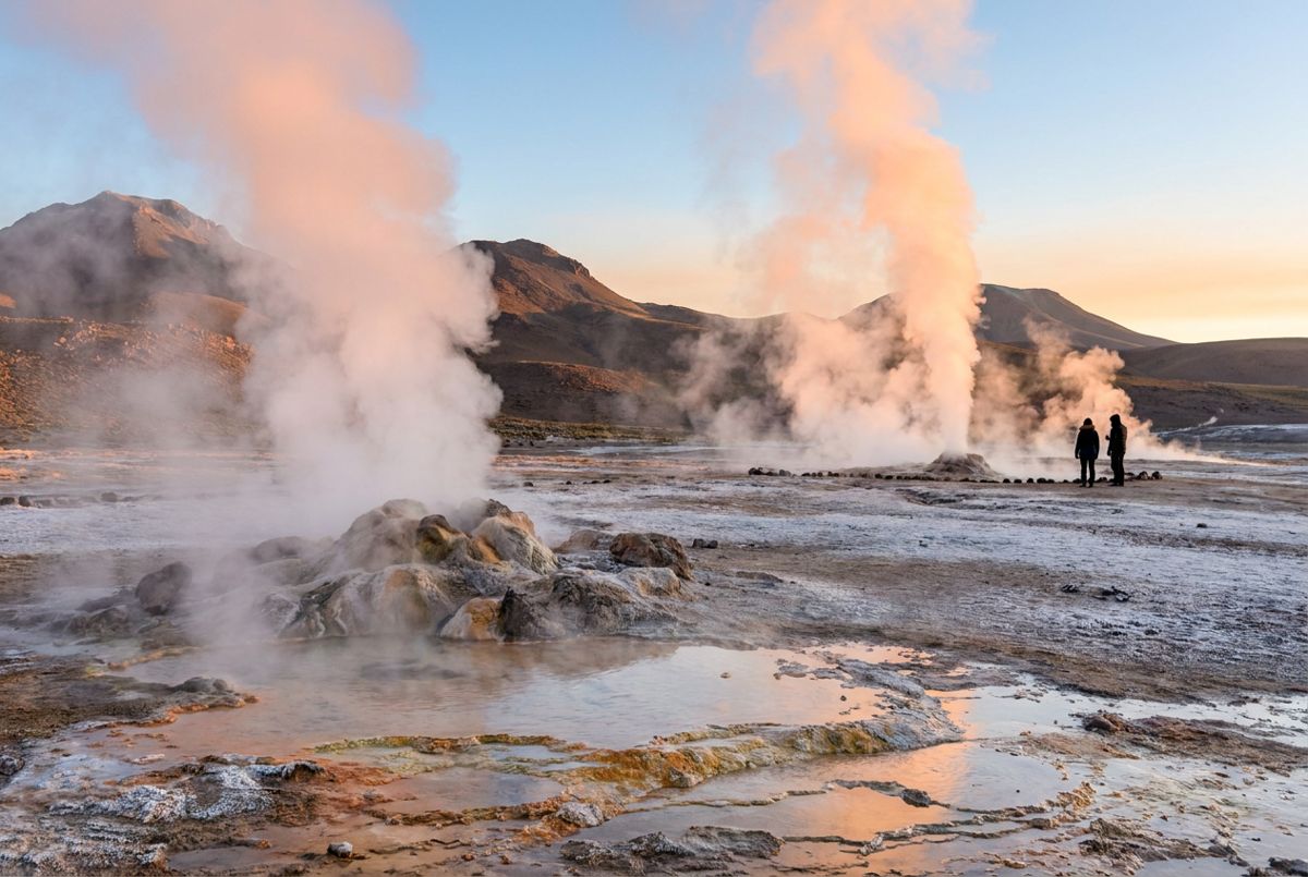 Steam columns rising from El Tatio geysers at sunrise with Andean peaks behind in golden light