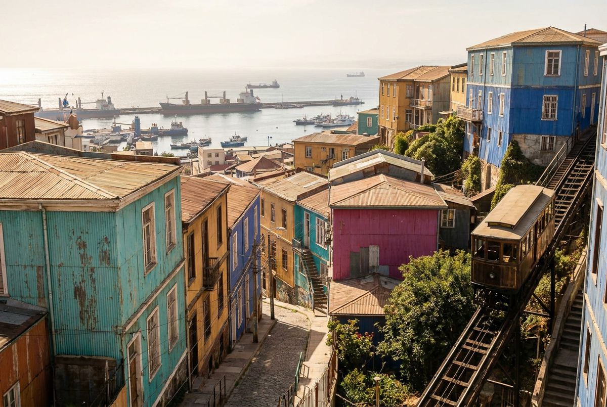 Brightly painted houses stacked on the steep hills of Valparaíso above the harbor and Pacific Ocean
