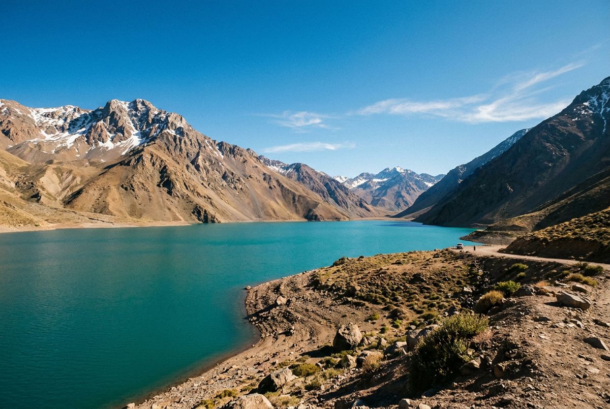 Turquoise Embalse El Yeso reservoir surrounded by barren snow-dusted Andes peaks in Cajón del Maipo