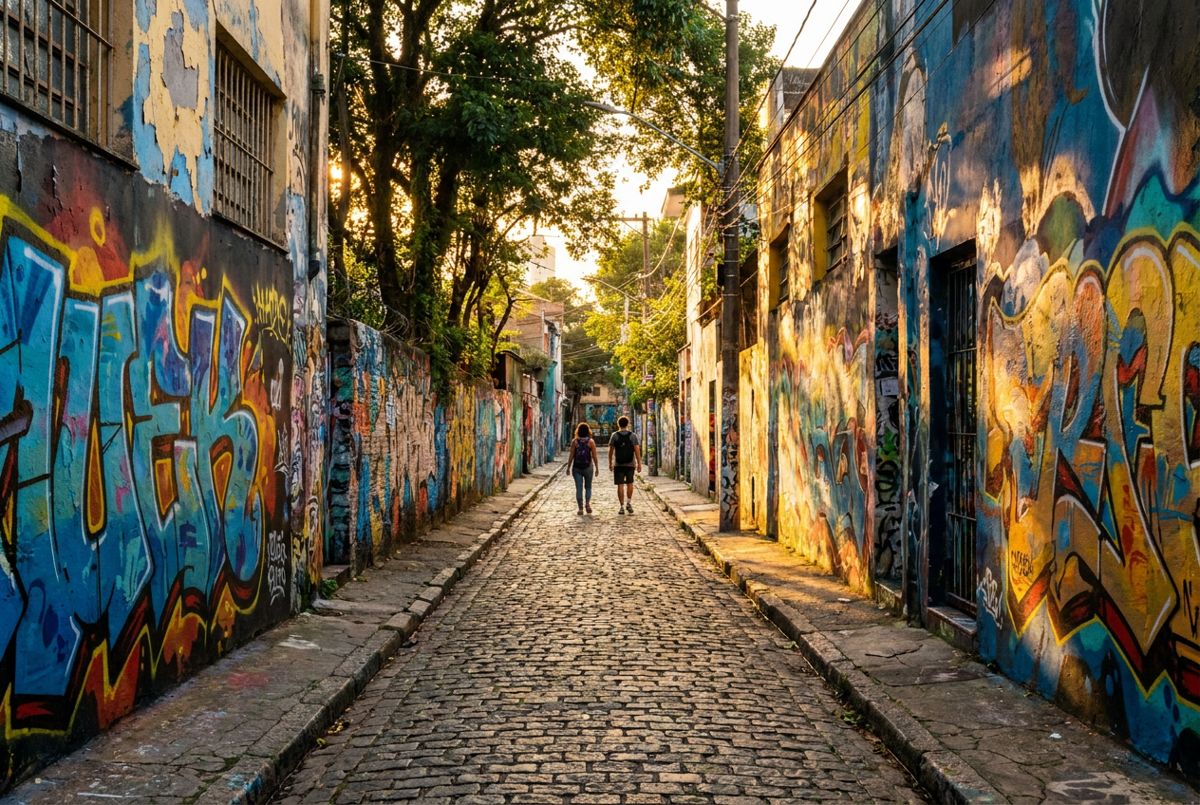 Colorful graffiti murals lining the narrow Beco do Batman alley in Vila Madalena, São Paulo, in golden afternoon light