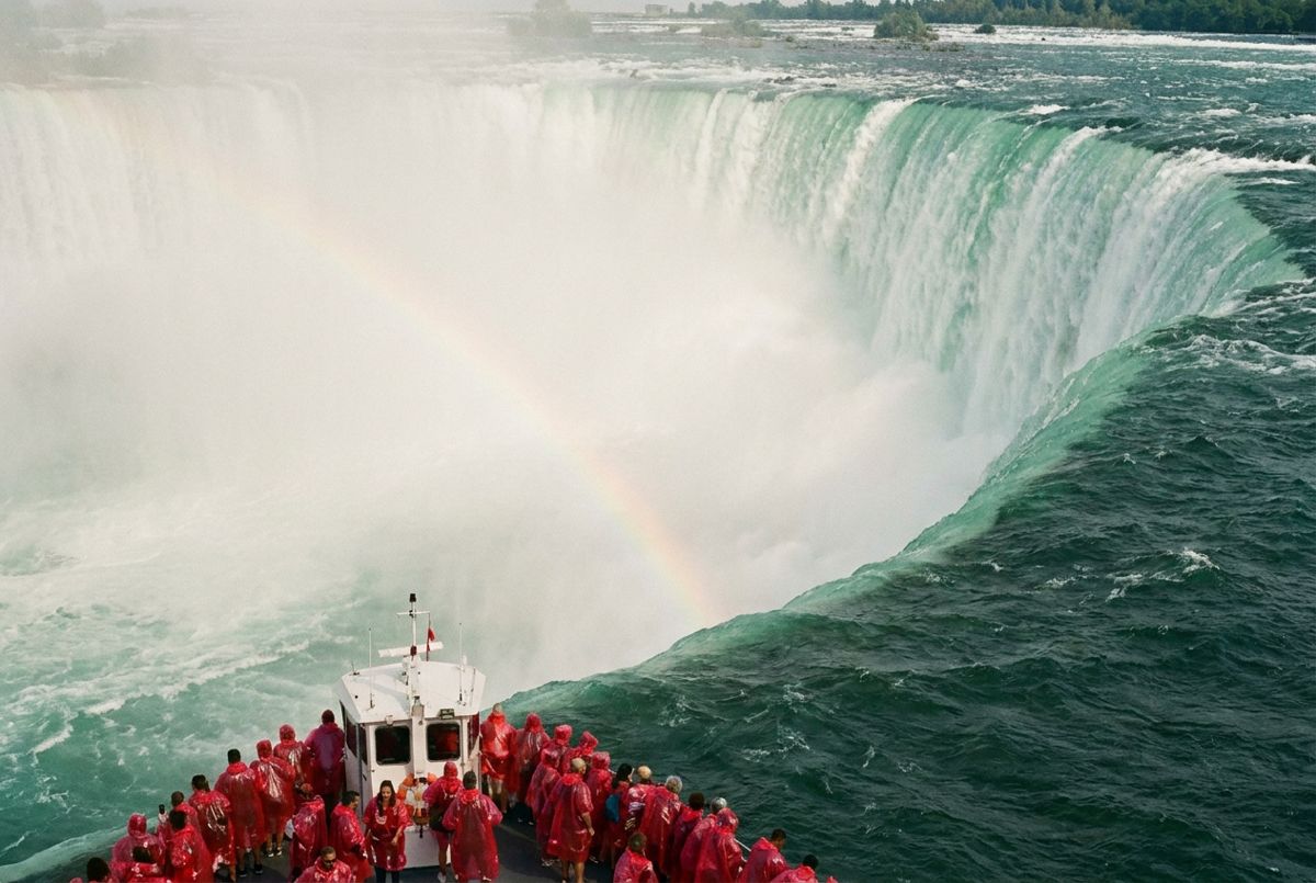 Tour boat with passengers in red ponchos at the base of Niagara's Horseshoe Falls amid rising mist