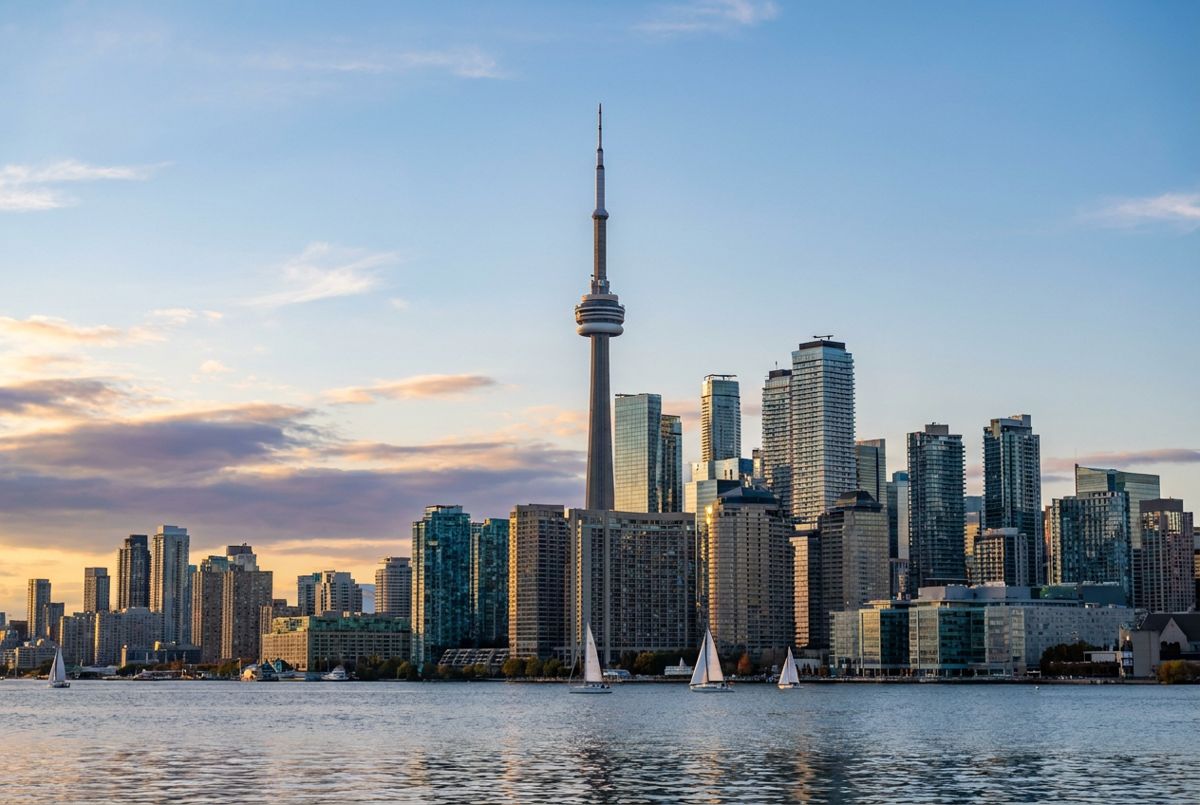 CN Tower rising above Toronto's downtown skyline in golden evening light over Lake Ontario