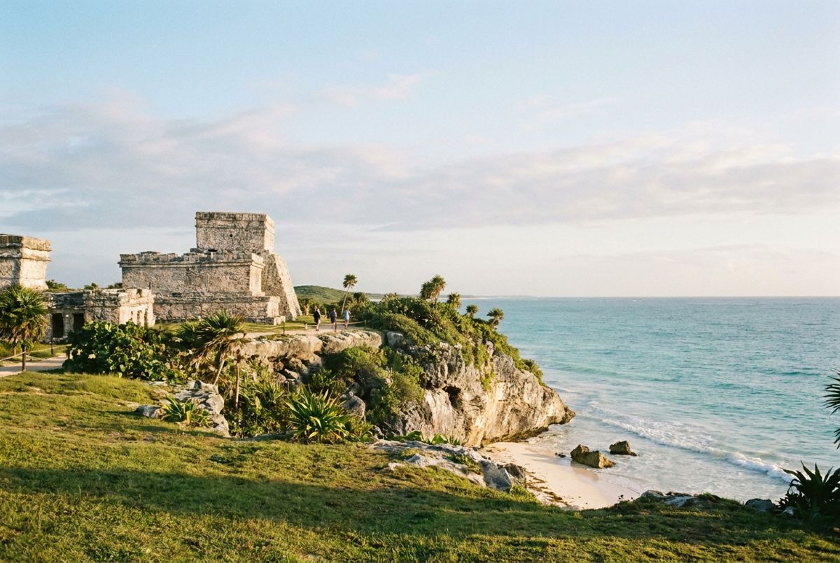 El Castillo pyramid at Tulum ruins on a cliff above the turquoise Caribbean at early morning