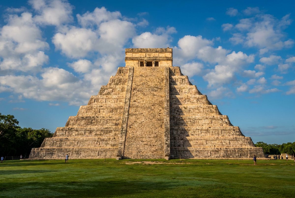 El Castillo pyramid at Chichen Itza under a blue sky with scattered clouds