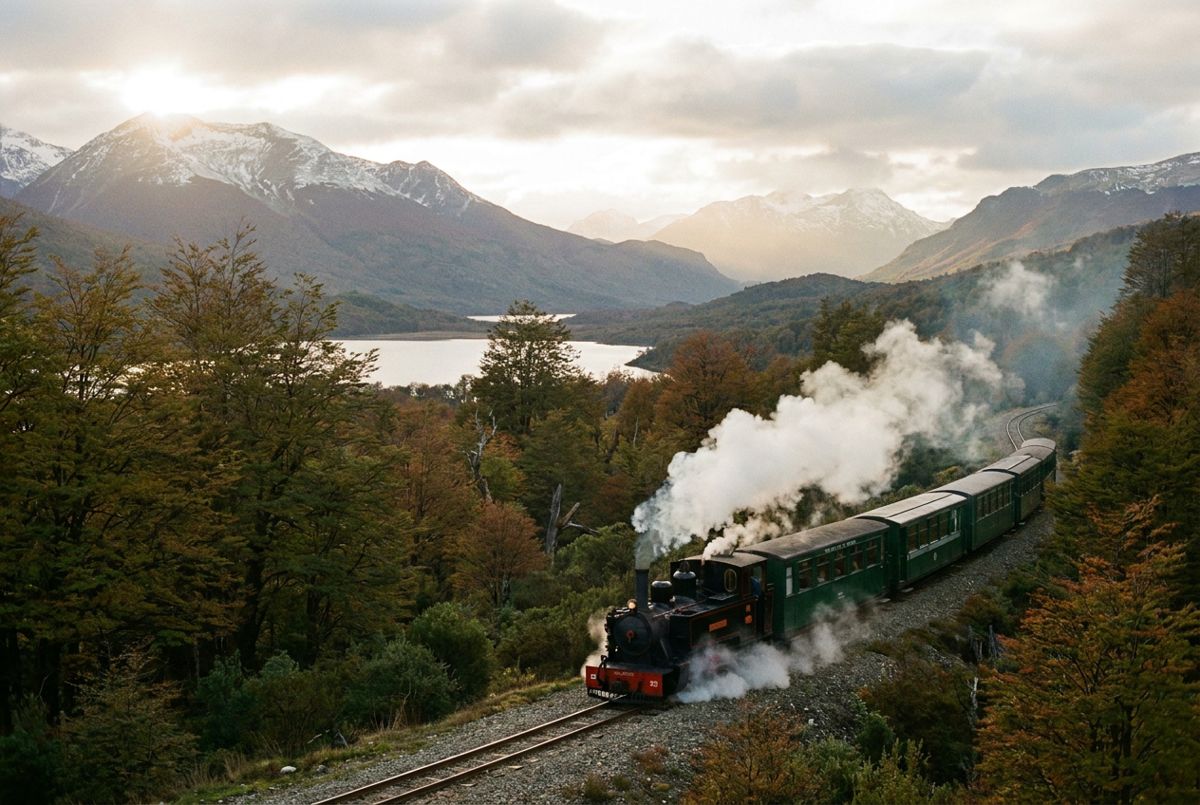 Narrow-gauge steam train winding through autumn beech forest in Tierra del Fuego National Park near Ushuaia