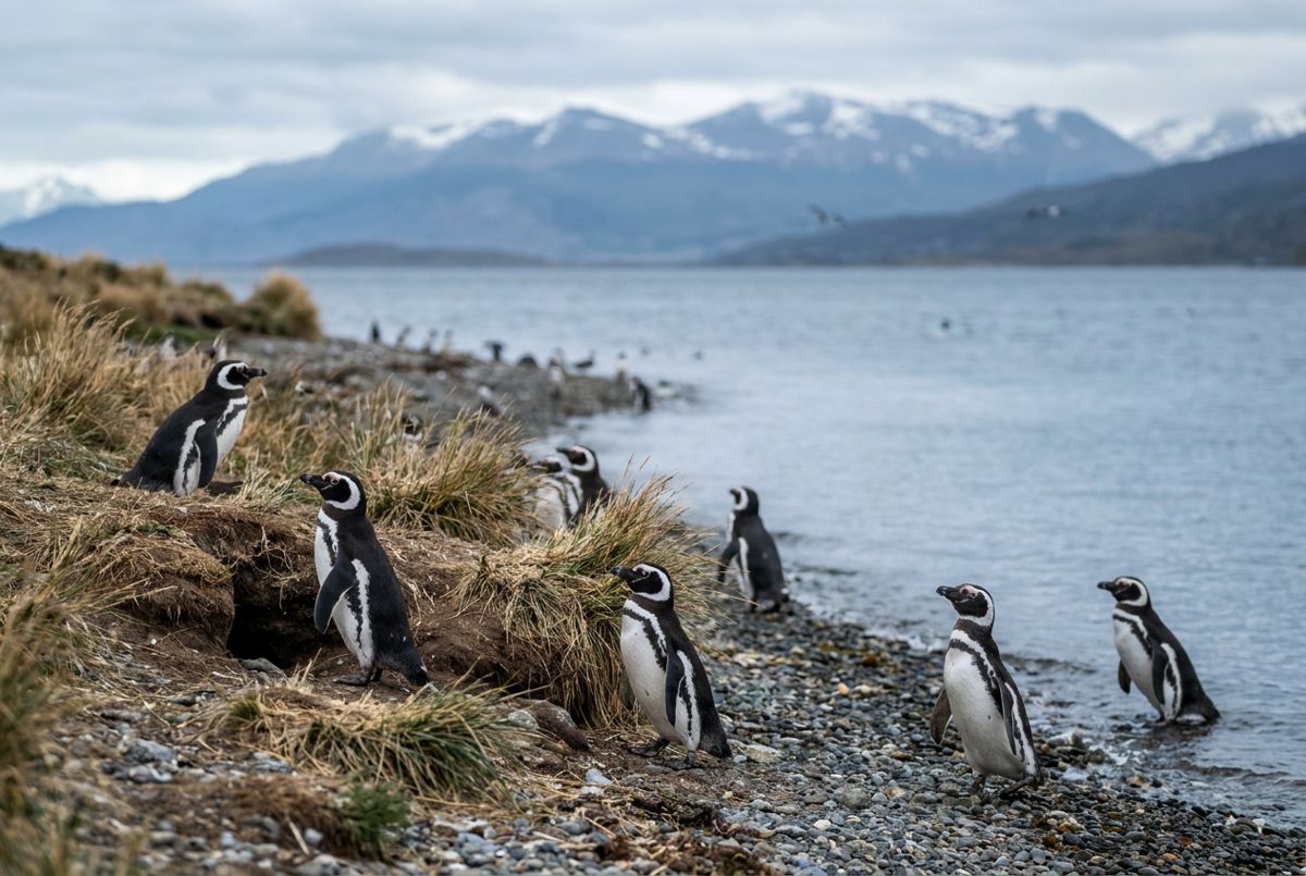 Magellanic penguins on the pebble shore of Martillo Island with Beagle Channel mountains behind