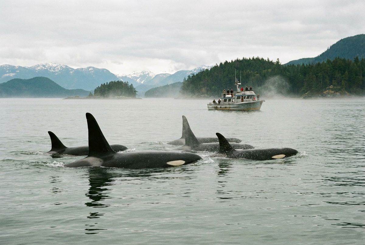 Orcas surfacing in the Salish Sea with forested islands and distant mountains behind