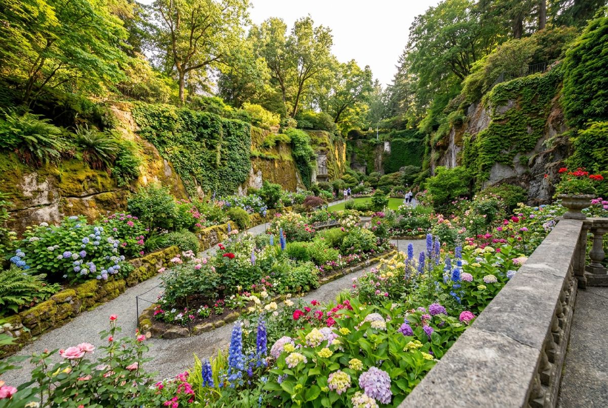 Terraced flower beds of the Sunken Garden at Butchart Gardens in summer bloom