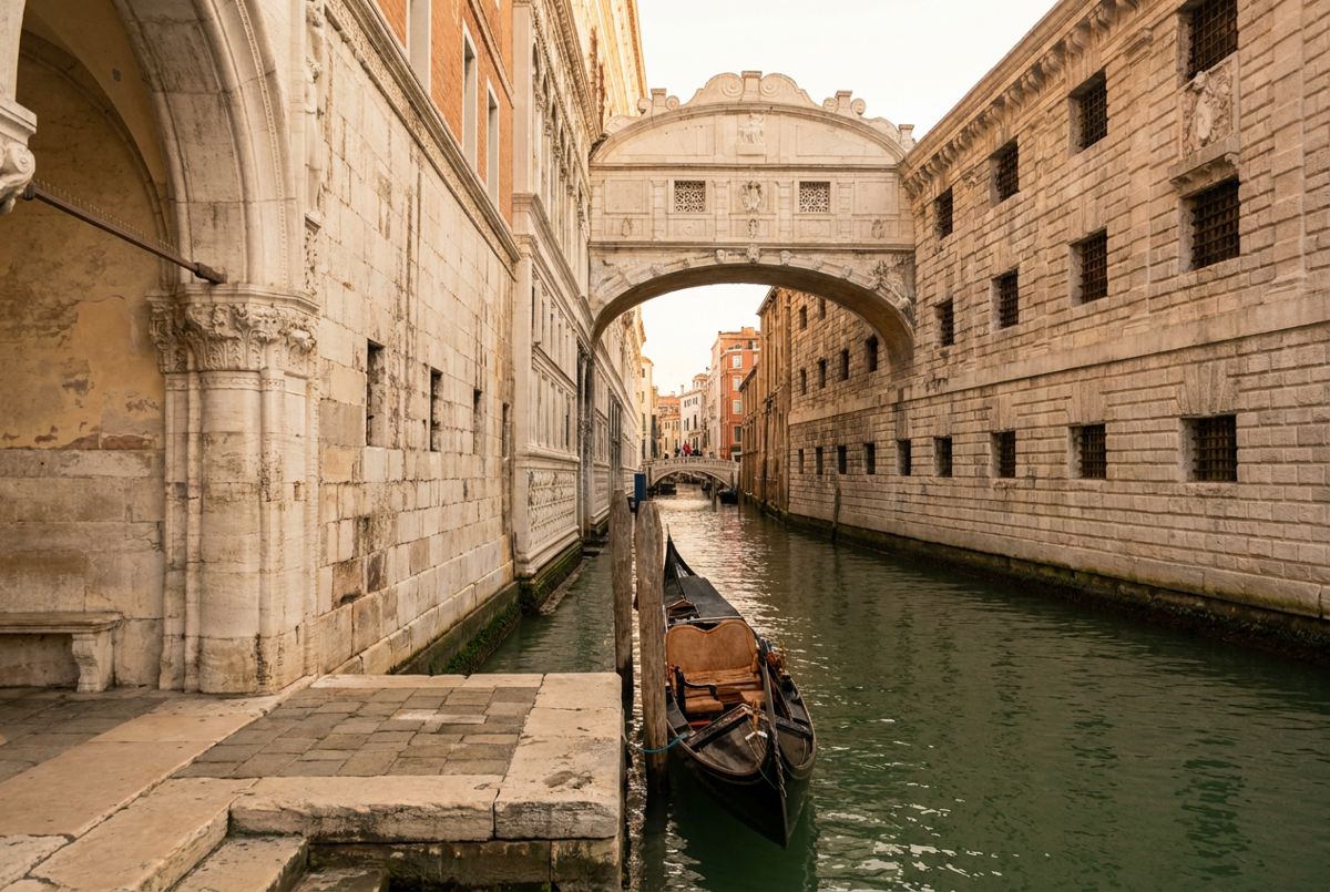 Bridge of Sighs arching over a quiet canal between the Doge's Palace and the prisons in early morning light