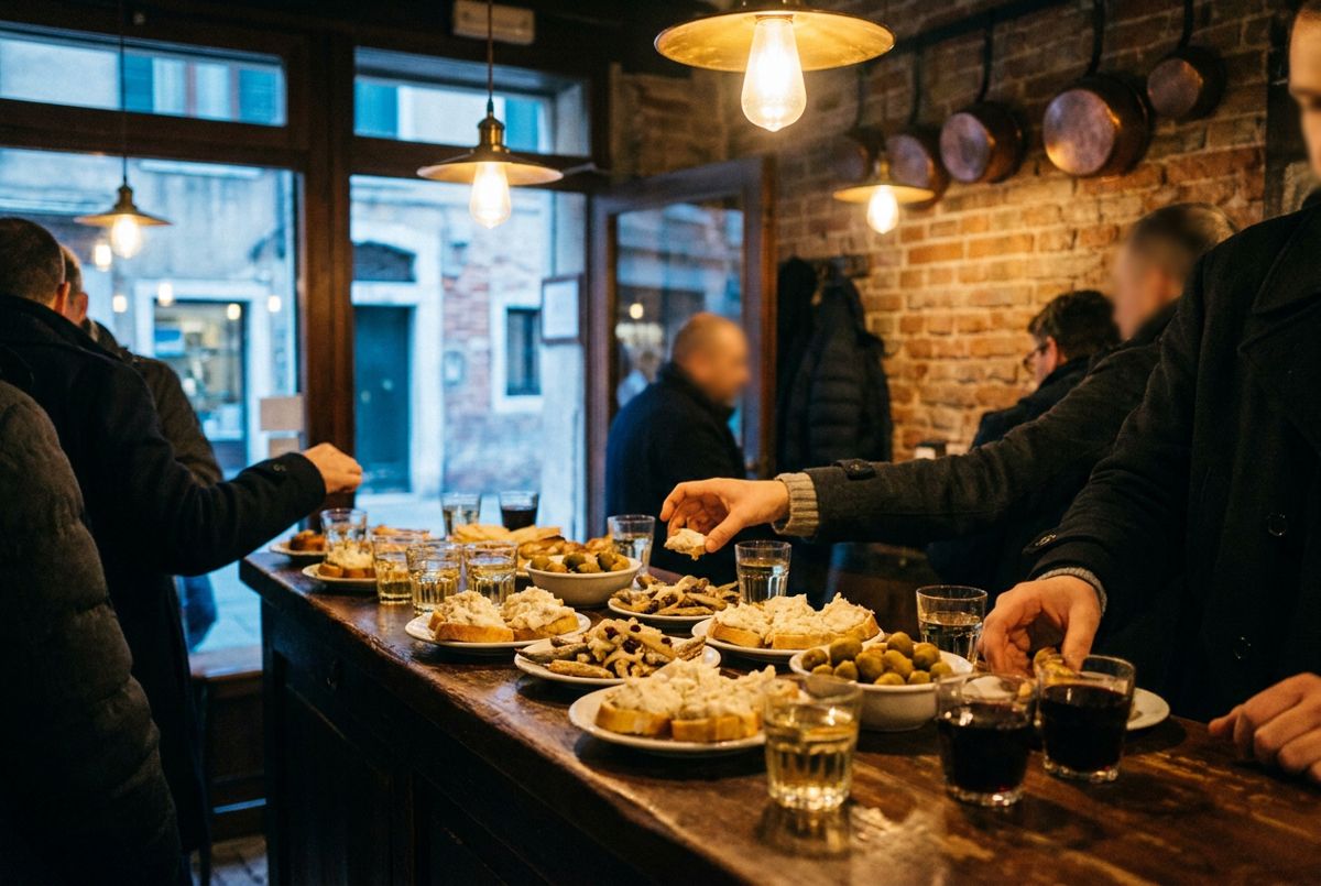 Counter of cicchetti and wine glasses in a warmly lit traditional Venetian bacaro at dusk