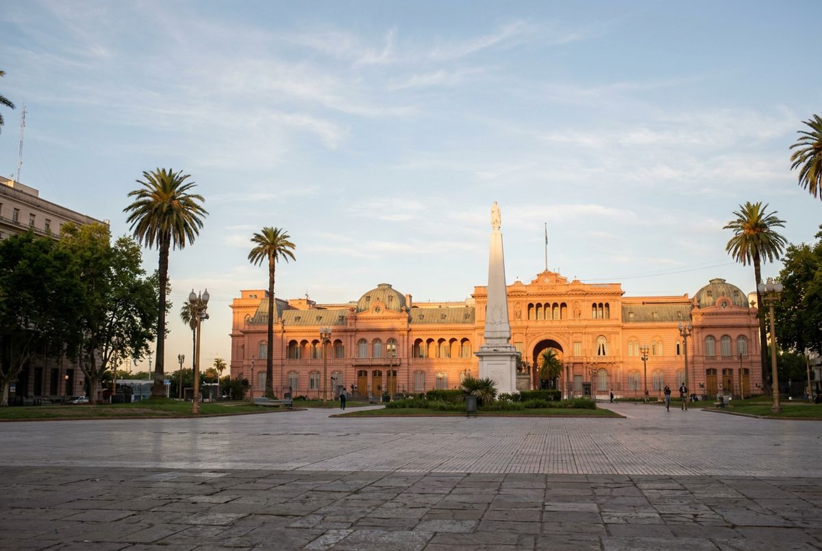 Casa Rosada and the Pirámide de Mayo on Plaza de Mayo in Buenos Aires at golden hour