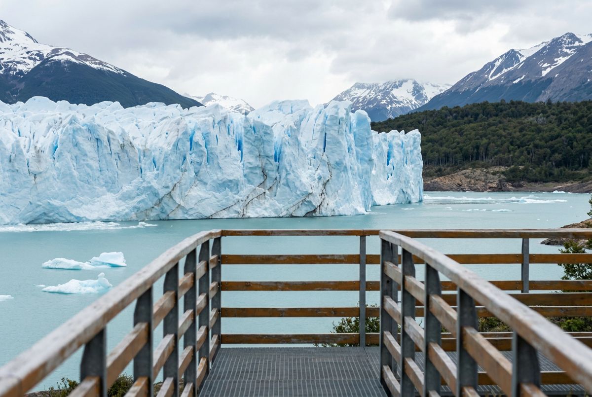 Perito Moreno Glacier's blue ice wall rising above Lago Argentino near El Calafate
