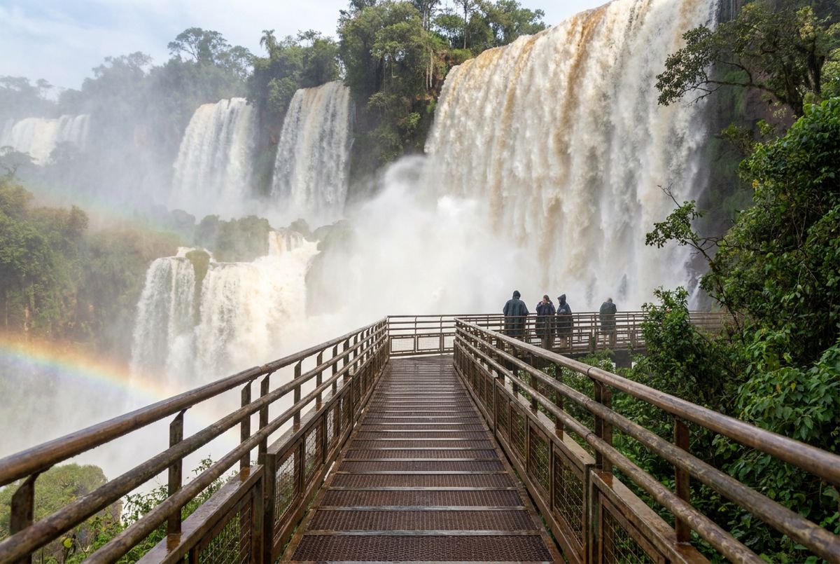 Mist and a rainbow rise over the Devil's Throat at Iguazu Falls, seen from the Argentine walkway