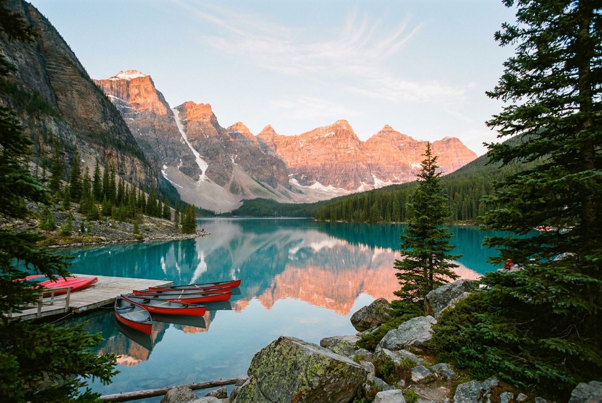 Turquoise Moraine Lake at sunrise with red canoes and the Ten Peaks glowing in warm light