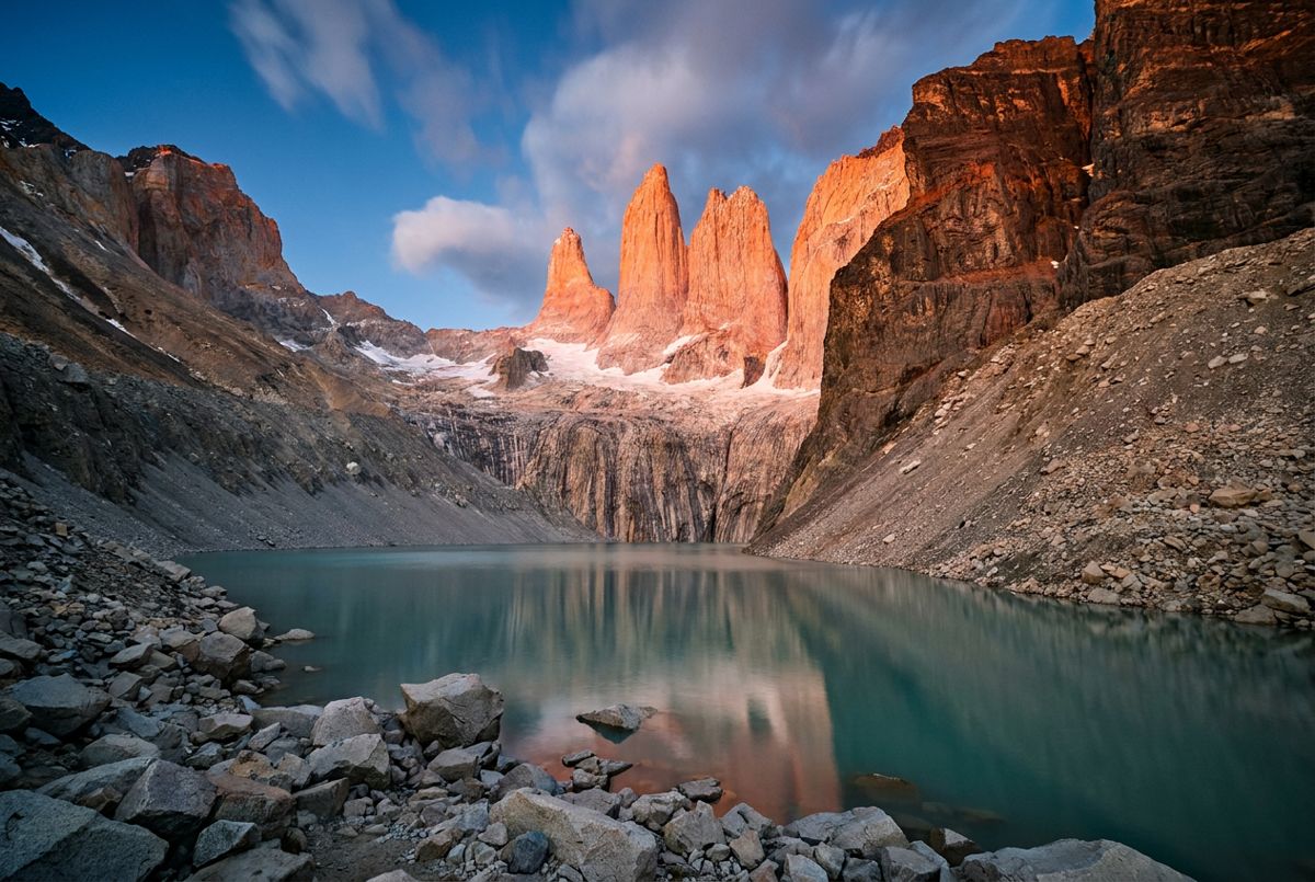 Torres del Paine granite towers glowing at sunrise above a still glacial lake in Patagonia