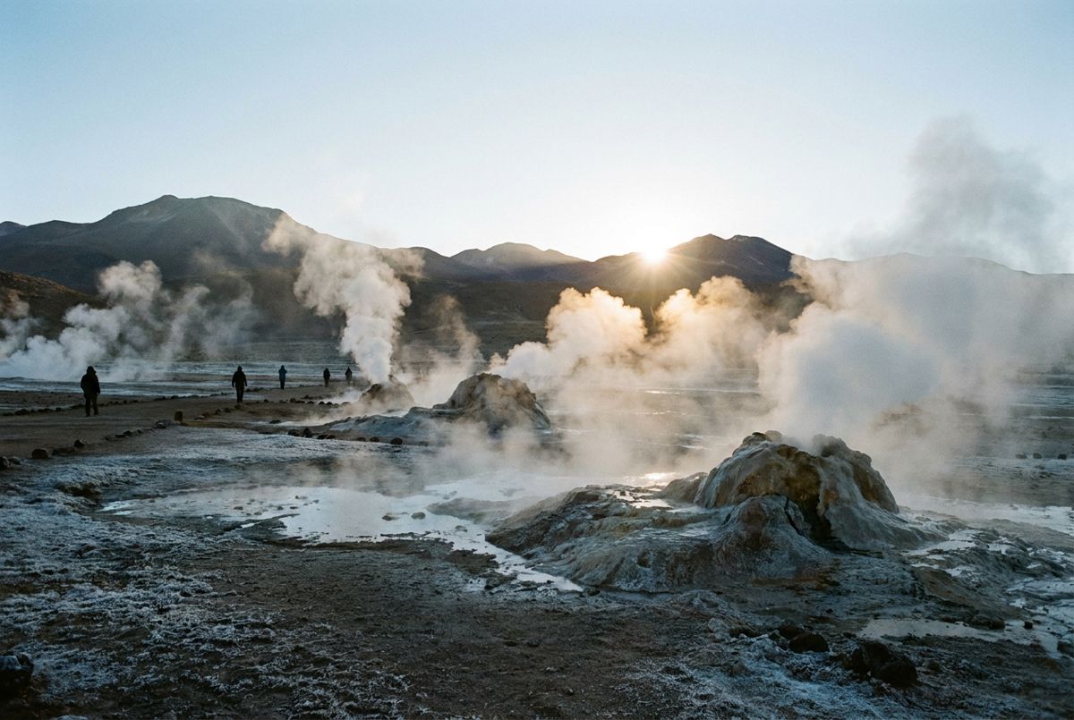 Steam rising from El Tatio geysers at sunrise in the Atacama Desert with volcanoes behind