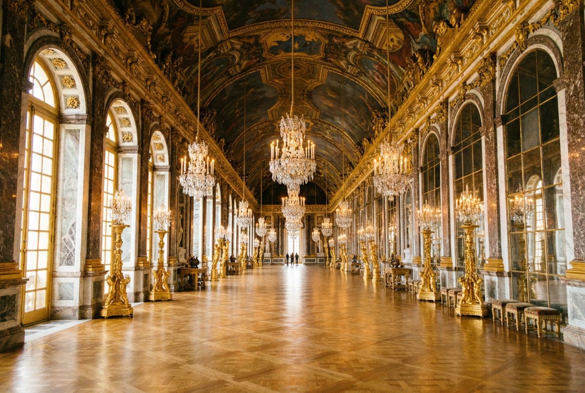Sunlit Hall of Mirrors at Versailles with chandeliers, gilded details and arched windows reflected in the mirrors