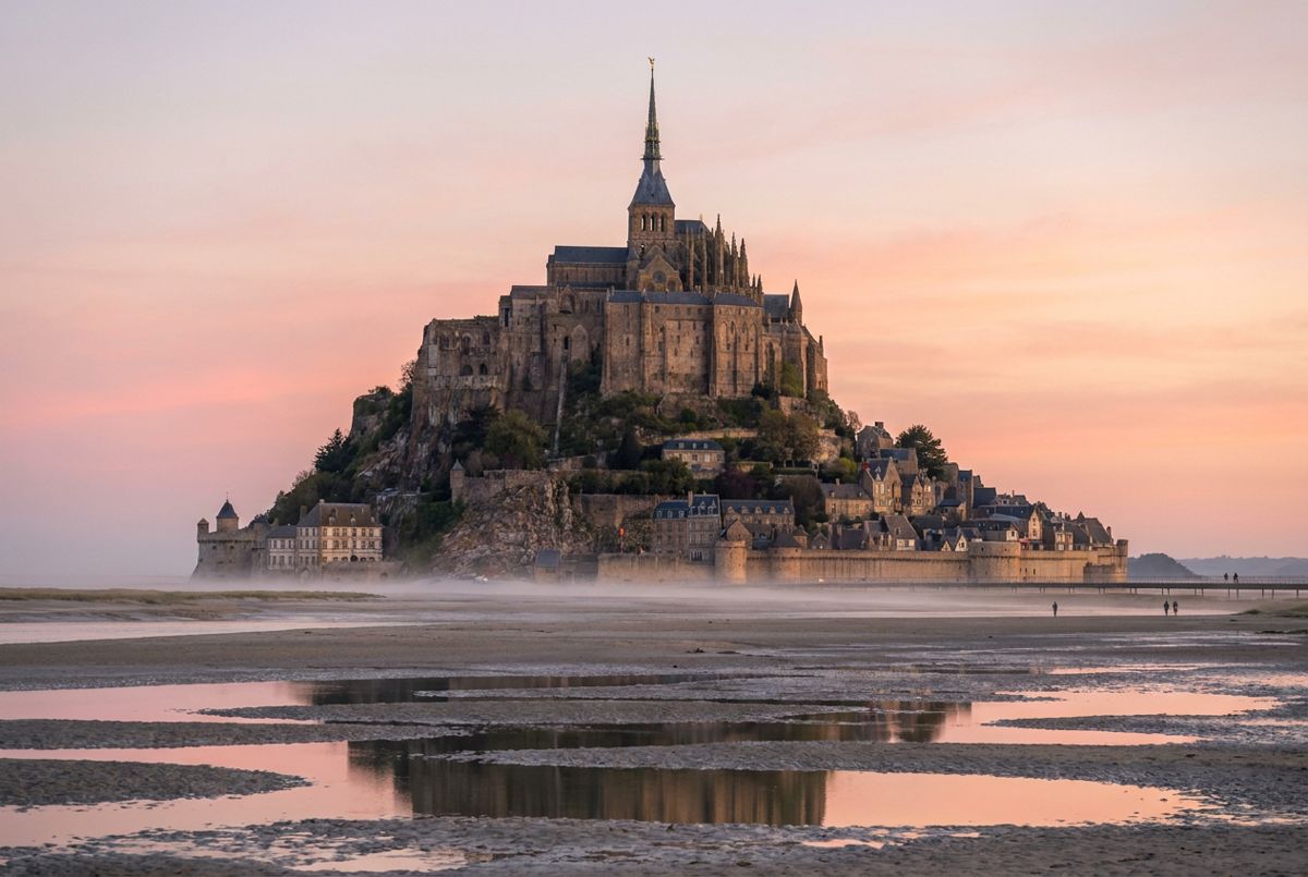 Mont-Saint-Michel abbey rising above tidal flats at sunrise, with reflections in shallow pools