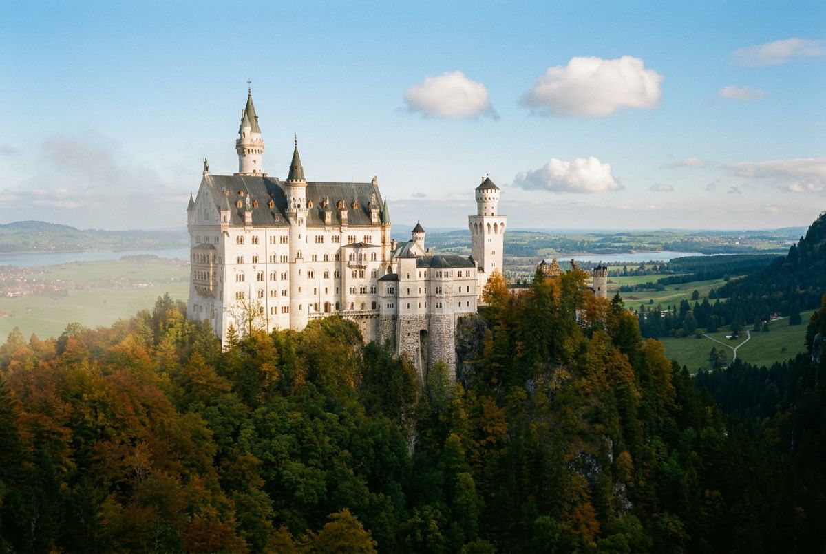 Neuschwanstein Castle on its rocky ridge above misty Bavarian forest in soft morning light