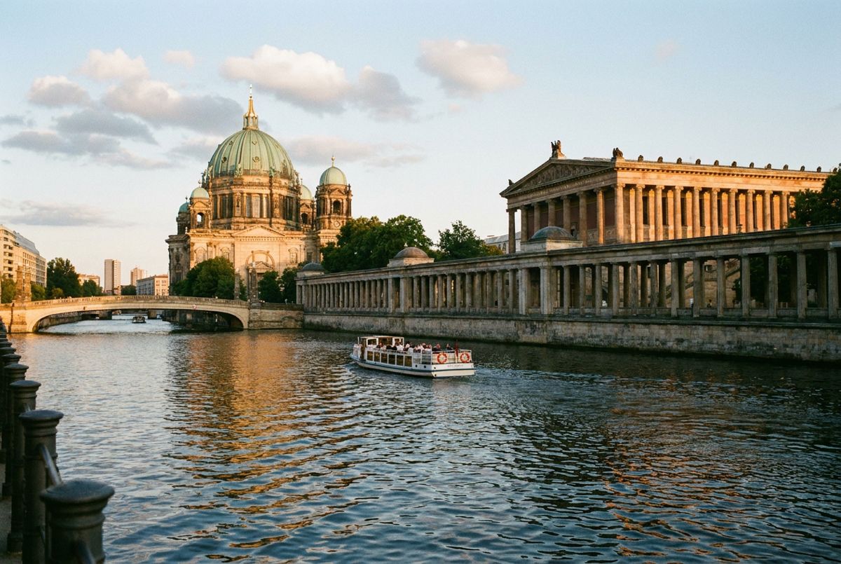 Tour boat on the Spree beside Berlin's Museum Island and cathedral dome in golden evening light