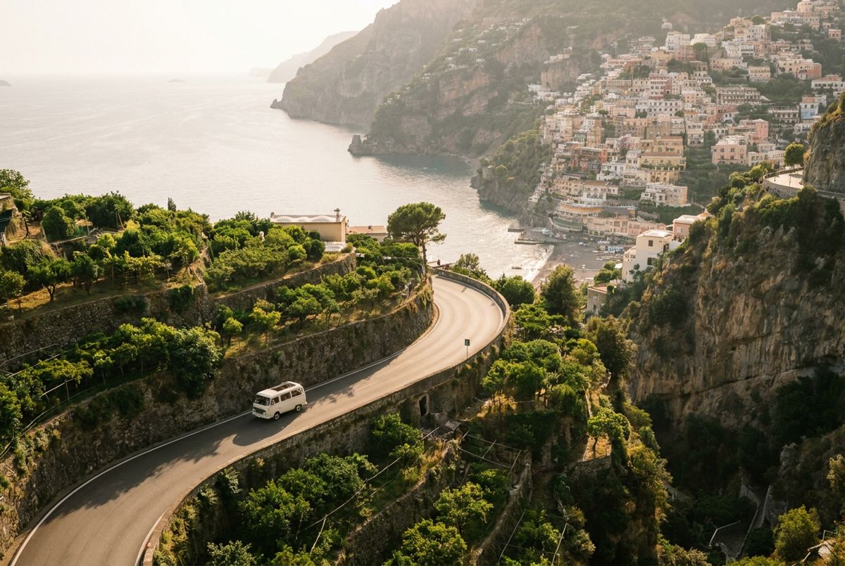 Winding Amalfi Coast road along lemon-terraced cliffs above the sea, with Positano in the distance