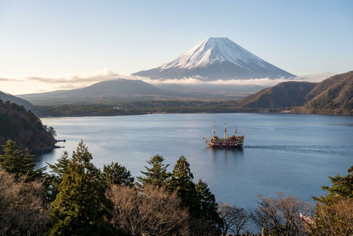 Snow-capped Mount Fuji rising above Lake Ashi in Hakone on a clear winter morning