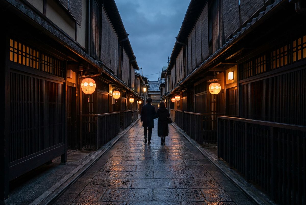 Lantern-lit wooden teahouses along a quiet stone lane in Kyoto's Gion district at dusk