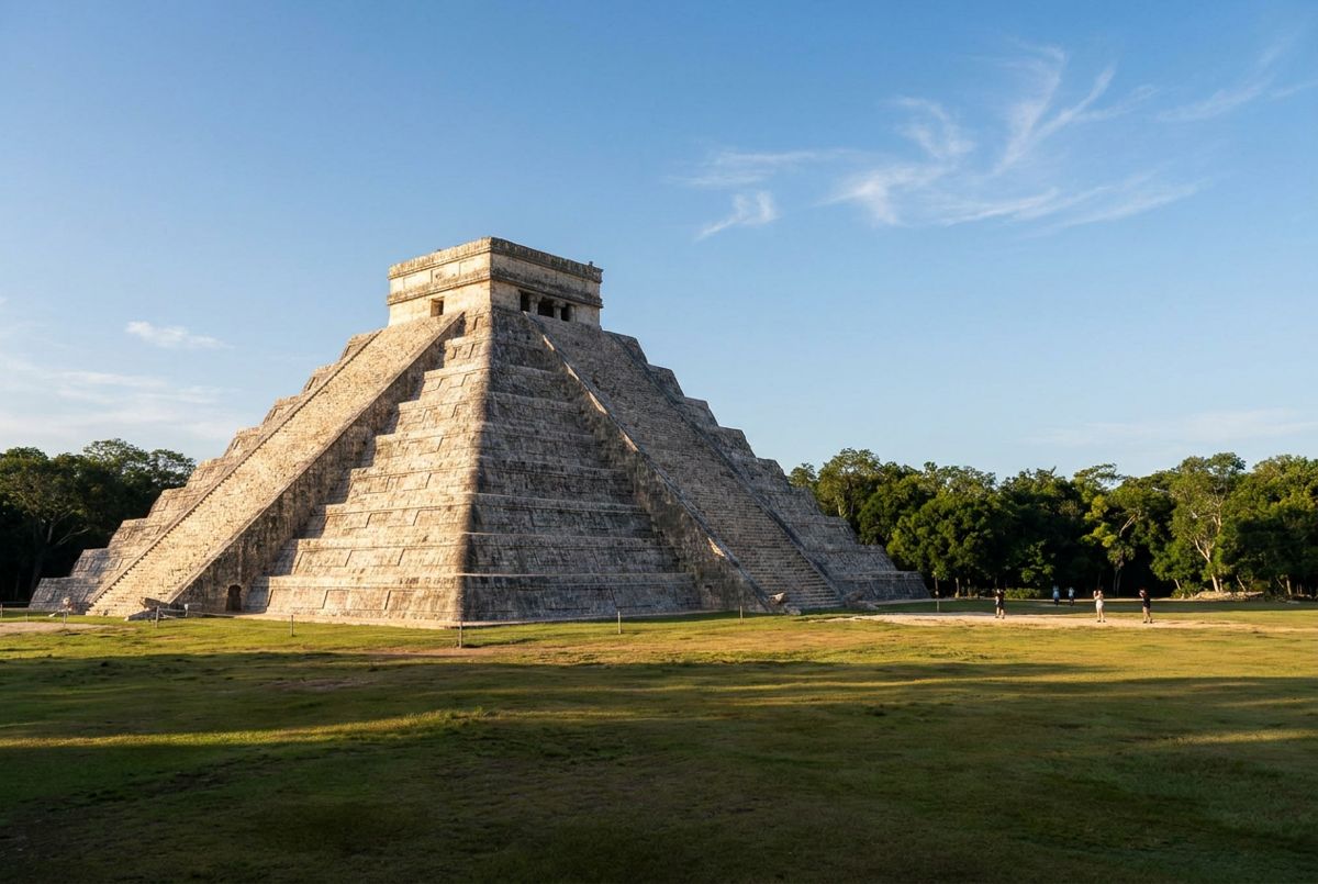 Early morning light on El Castillo pyramid at Chichen Itza, rising above a quiet grass plaza