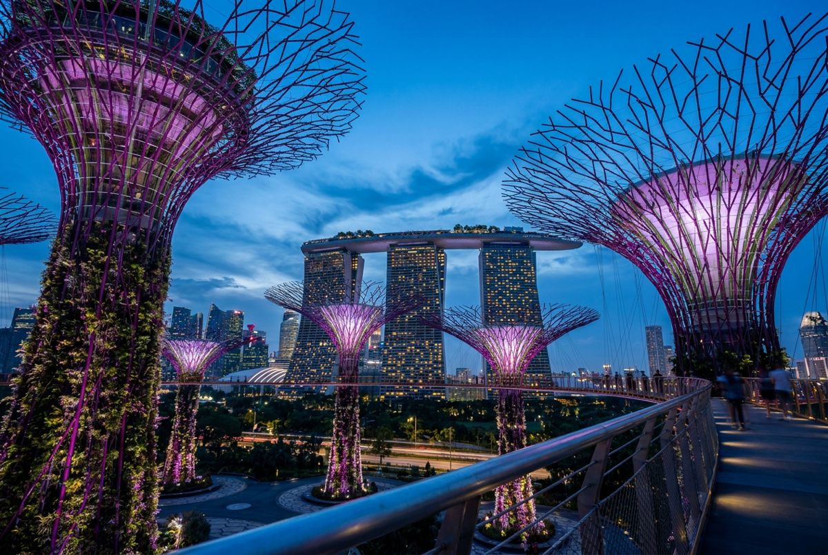 Illuminated Supertrees at Gardens by the Bay with Marina Bay Sands behind at dusk in Singapore