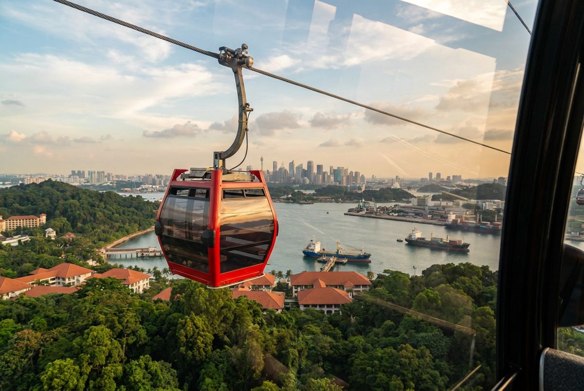 Red cable car gondola above Keppel Harbour on the Sky Pass route to Sentosa Island, Singapore