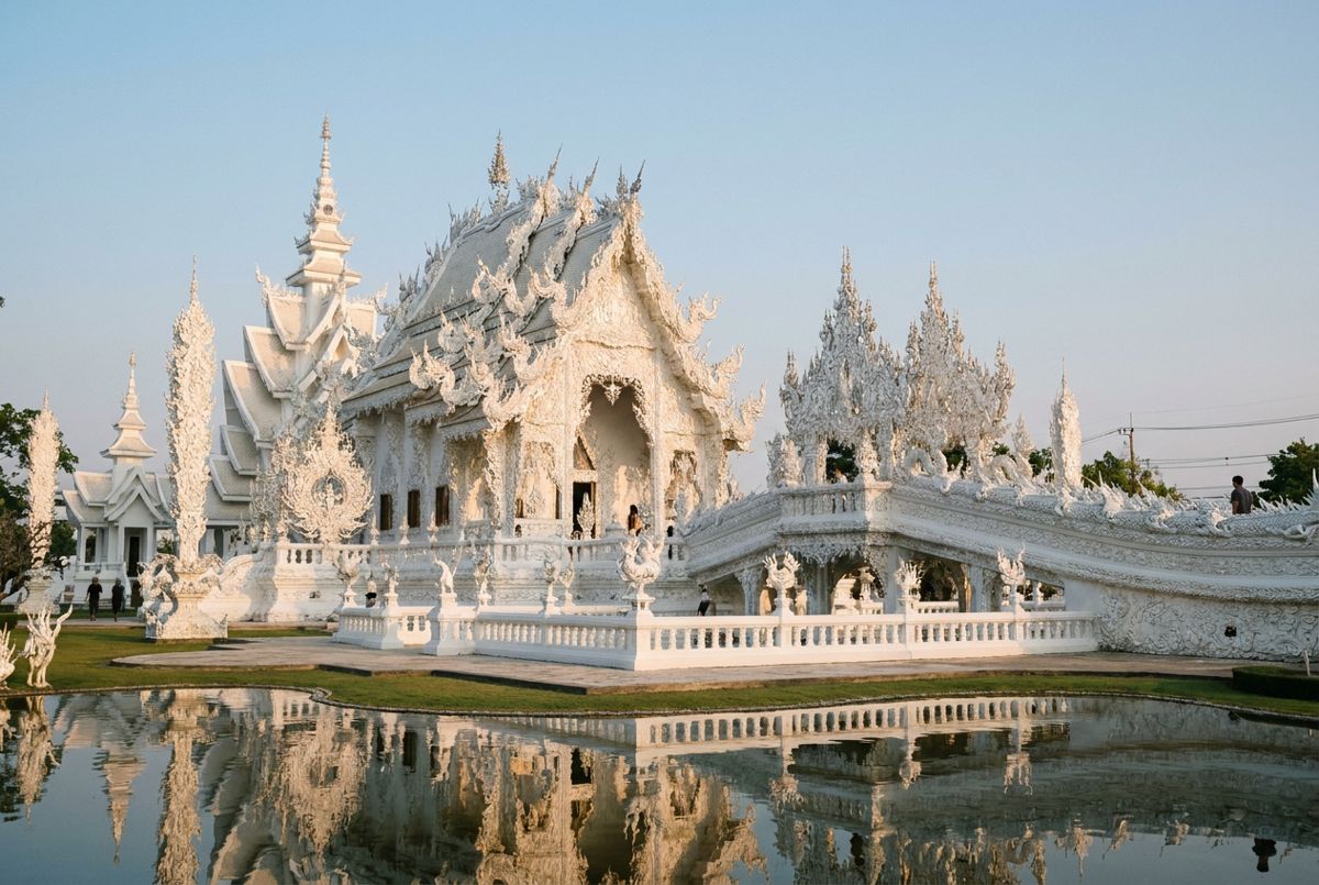 White Temple in Chiang Rai with glittering white spires and a bridge over a pond in morning light