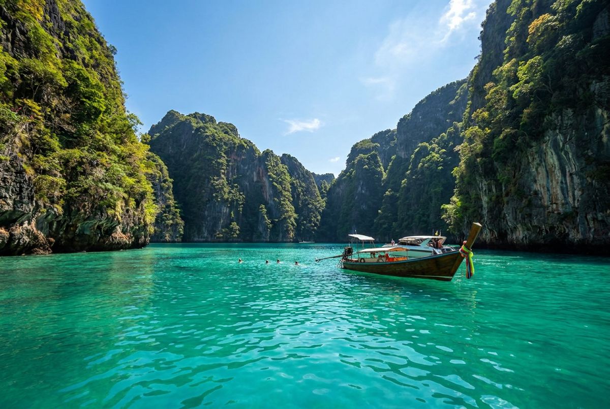 Turquoise water of Pileh Lagoon surrounded by limestone cliffs with a longtail boat, Phi Phi Islands