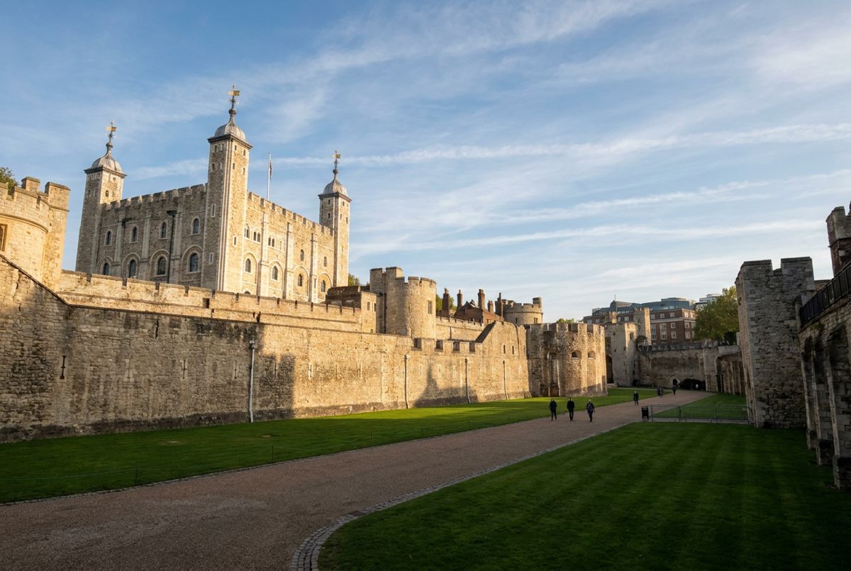 Sunlit White Tower and medieval walls at the Tower of London on a clear morning