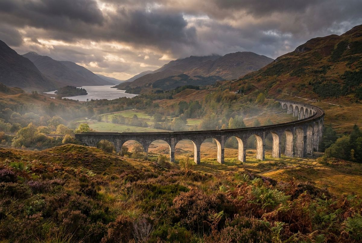 Glenfinnan Viaduct curving across a Highland glen with Loch Shiel and misty hills behind
