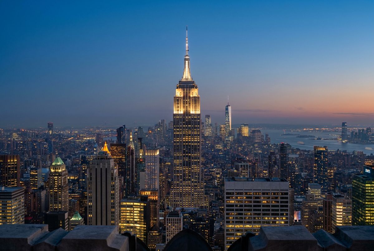 Empire State Building lit against the Manhattan skyline at dusk