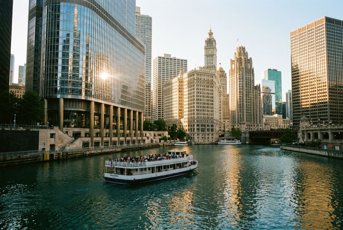 Chicago river tour boat passing skyscrapers in late afternoon light