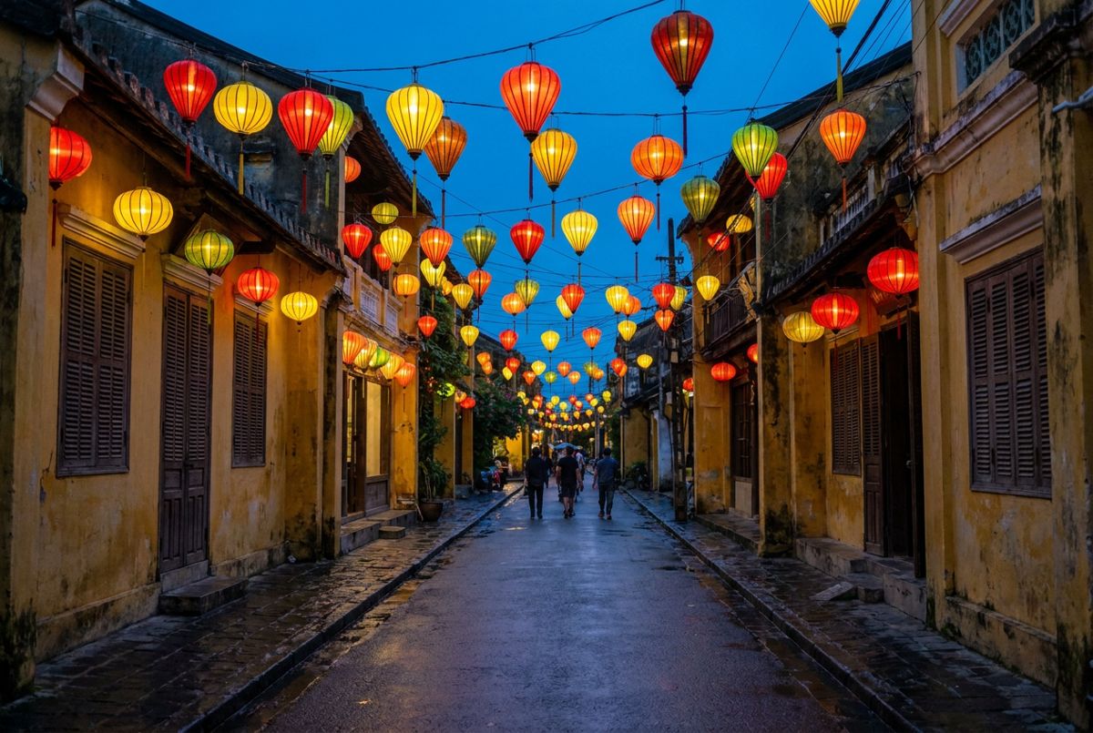 Silk lanterns glowing over a narrow street of yellow shophouses in Hoi An Ancient Town at dusk