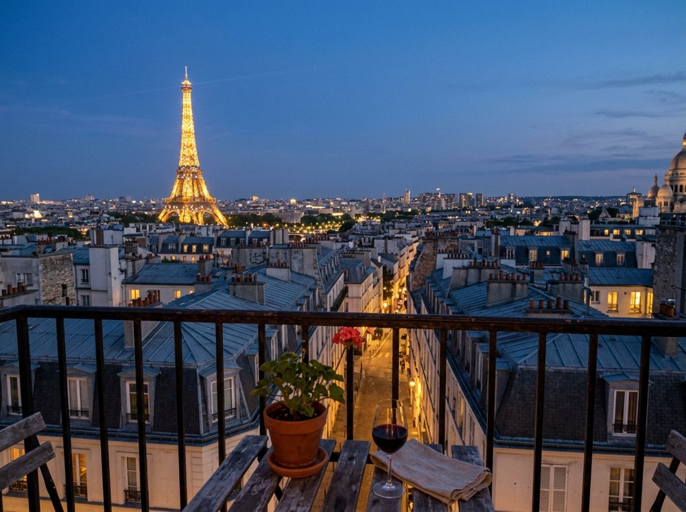 Paris rooftops and the Eiffel Tower at blue hour seen from a Montmartre balcony