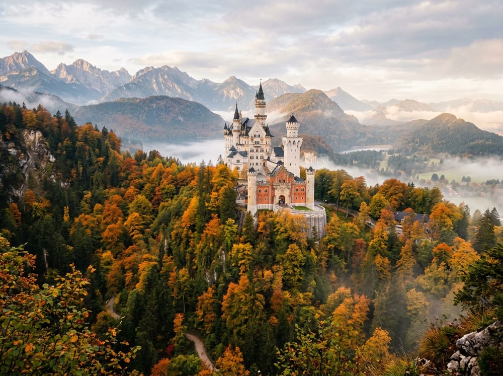 Neuschwanstein Castle above an autumn forest with the Bavarian Alps behind