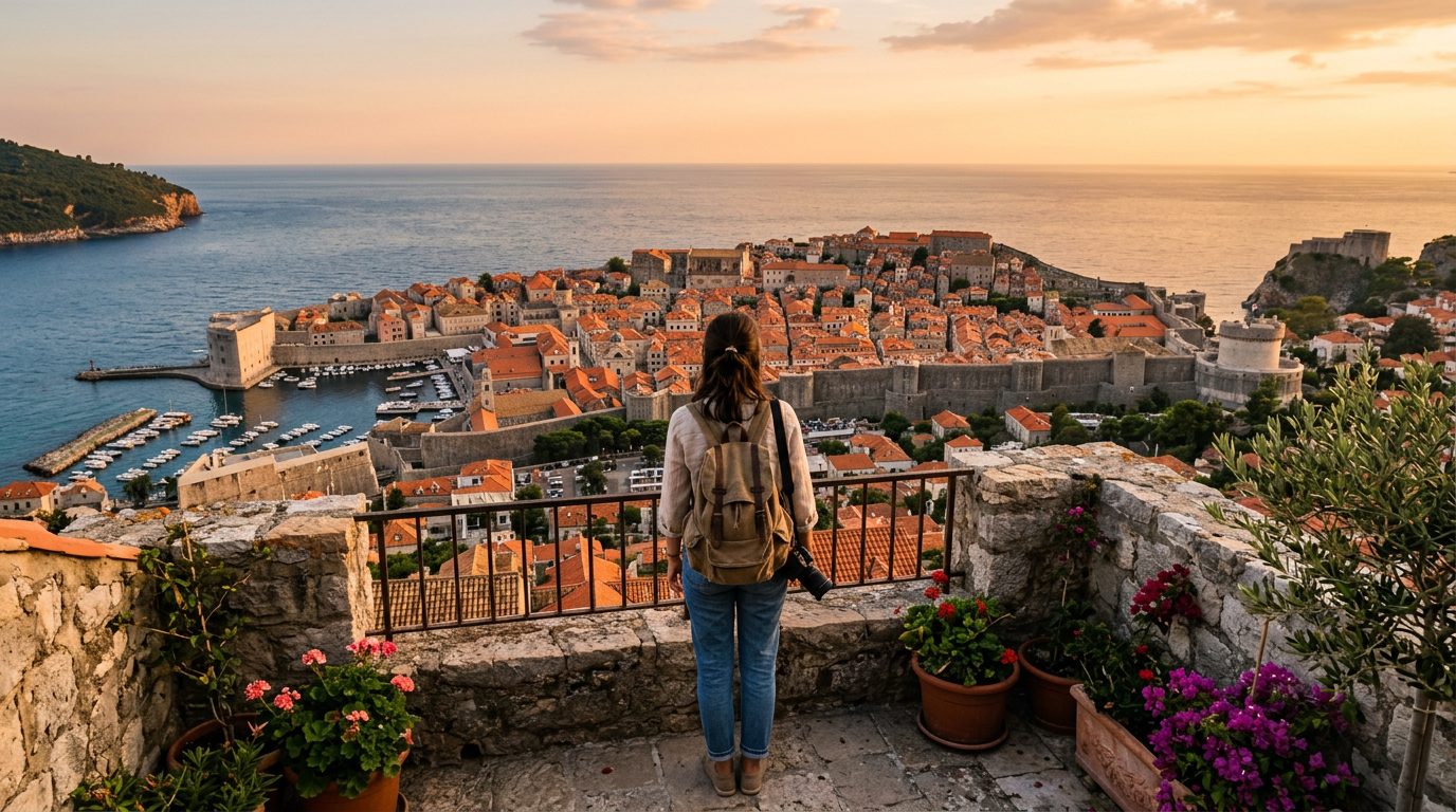Traveler looking out over a Mediterranean old town at golden hour