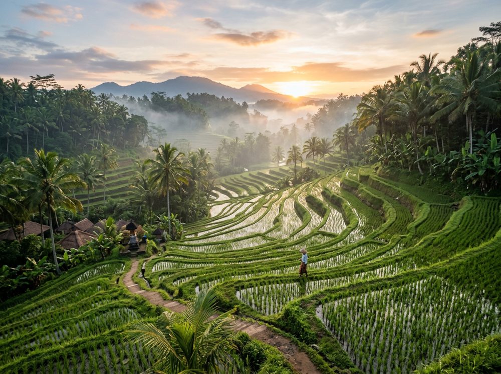 Terraced rice fields near Ubud at sunrise with palm trees and mist