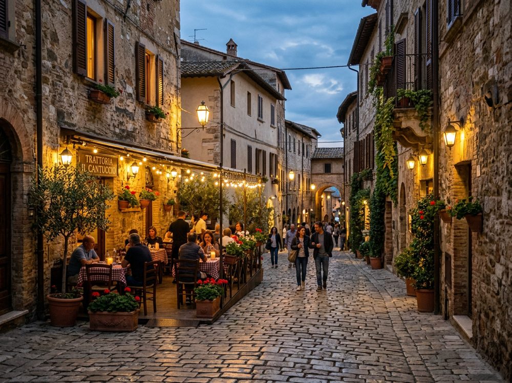 Lamp-lit cobbled street in an Italian hill town with a trattoria terrace at dusk
