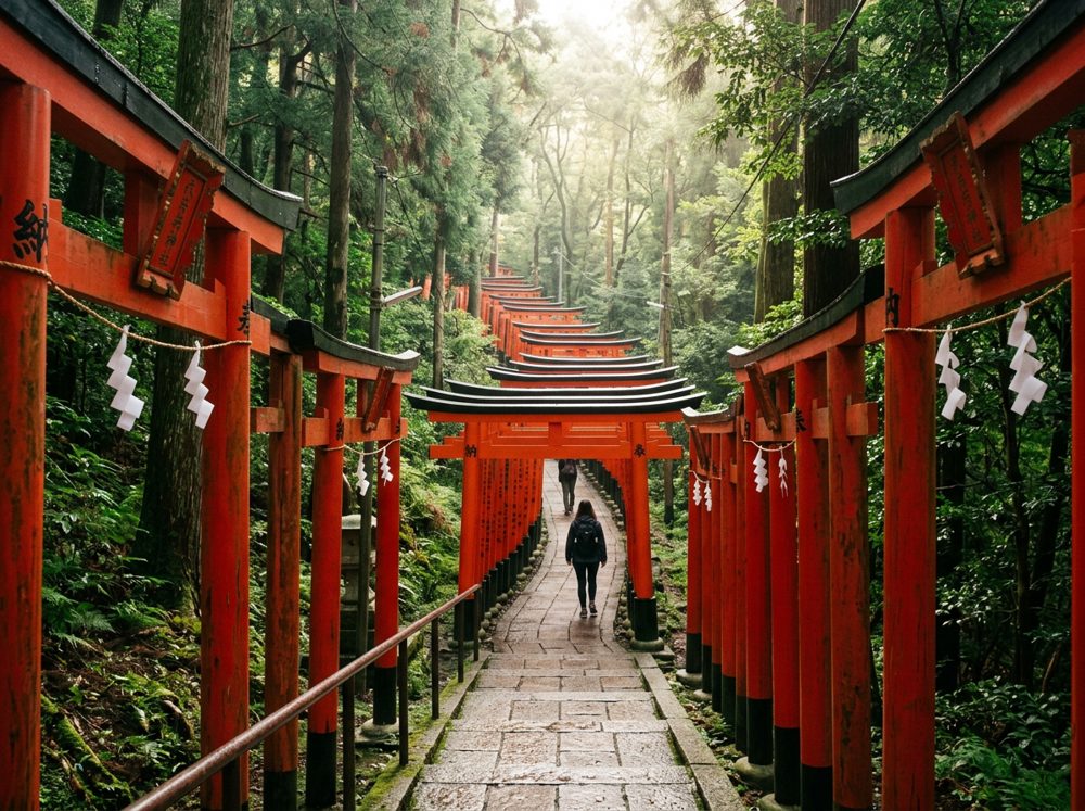 Path of red torii gates at Fushimi Inari in Kyoto in soft morning light