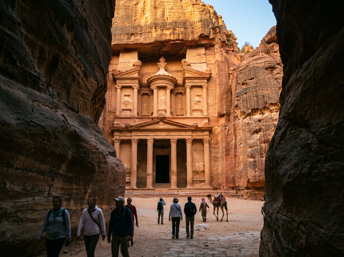 The Treasury carved into rose-red rock at Petra seen from the end of the Siq