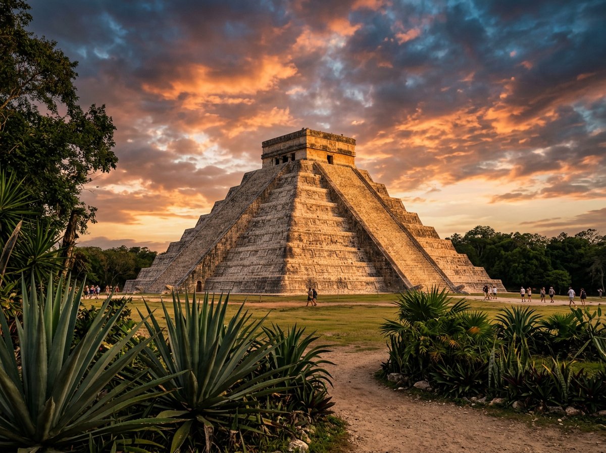 The El Castillo pyramid at Chichen Itza under a dramatic sunset sky