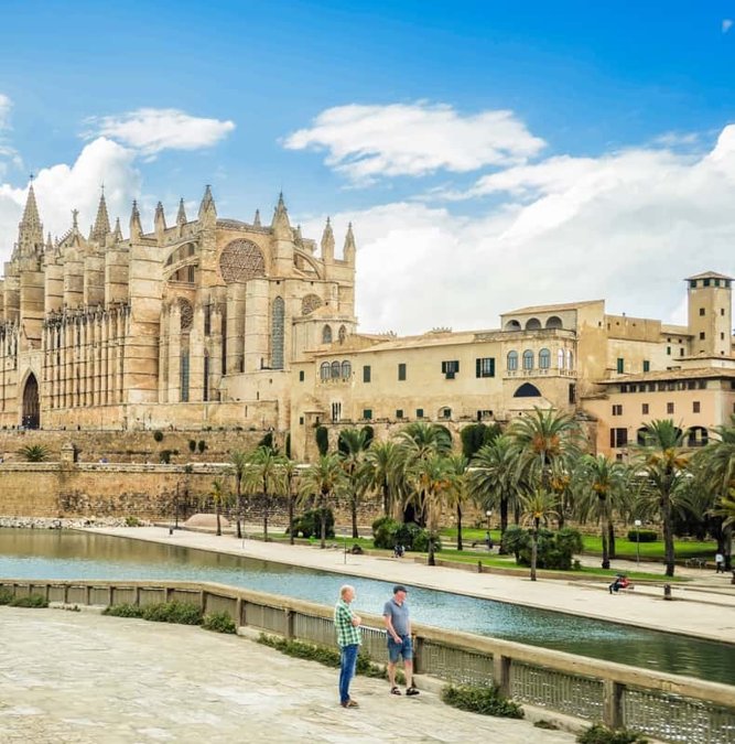 Golden sandstone facade of Palma Cathedral