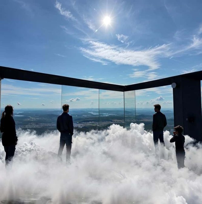 Visitors looking out over Warsaw from the Highline deck above the clouds