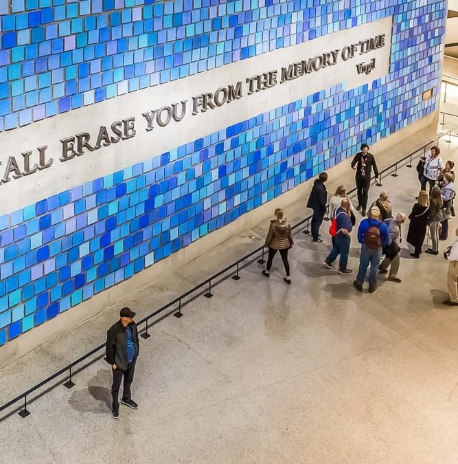 Blue mosaic memorial wall inside the 9/11 Museum