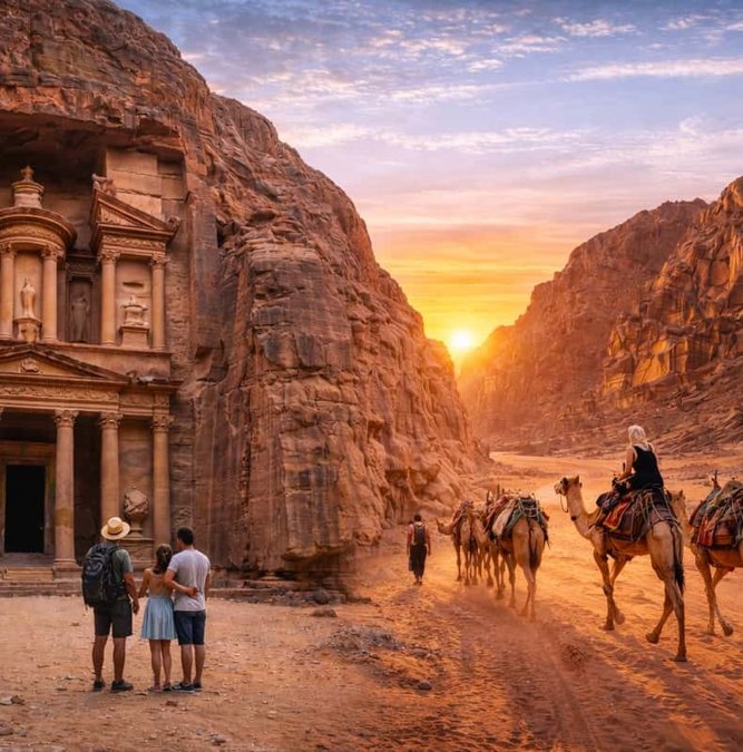 Travelers walking out of the Siq toward the Treasury at Petra