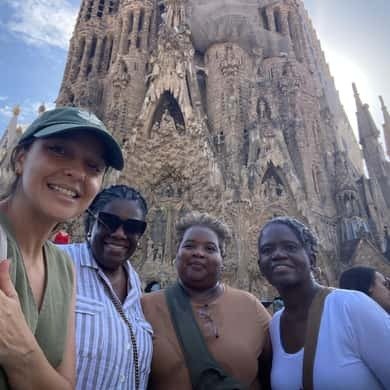 Visitors looking up at the Sagrada Família towers